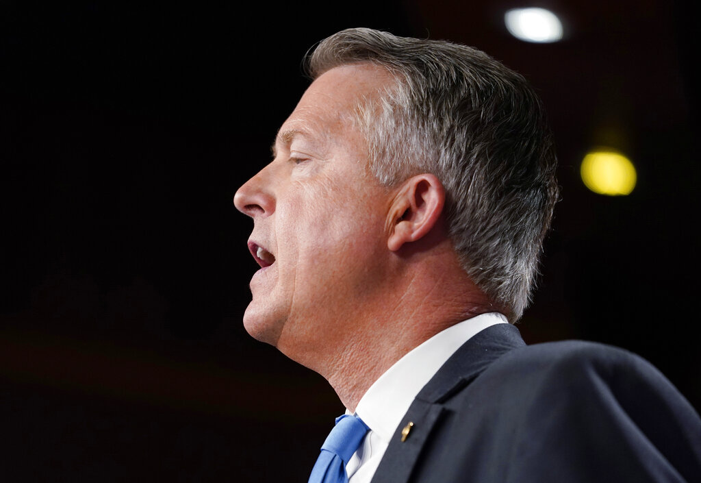Sen. Roger Marshall, R-Kan., speaks to the media about the U.S. southern border, Wednesday, March 30, 2022, in Washington. (AP Photo/Mariam Zuhaib)