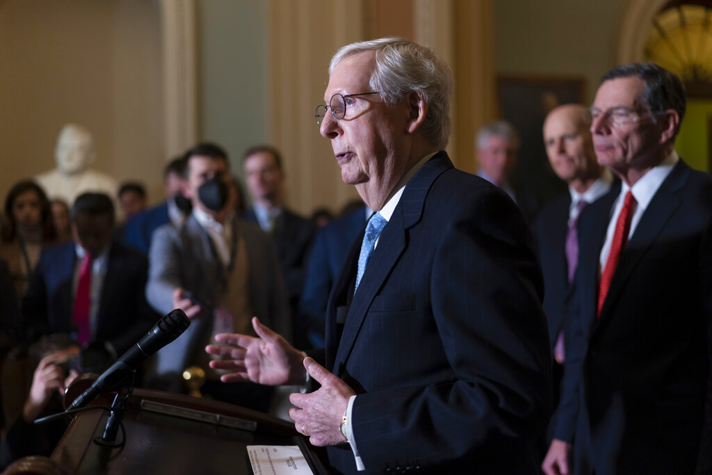 Senate Minority Leader Mitch McConnell, R-Ky., speaks with reporters about President Joe Biden's proposed $5.8 trillion budget, at the Capitol in Washington, Tuesday, March 29, 2022. (AP Photo/J. Scott Applewhite)