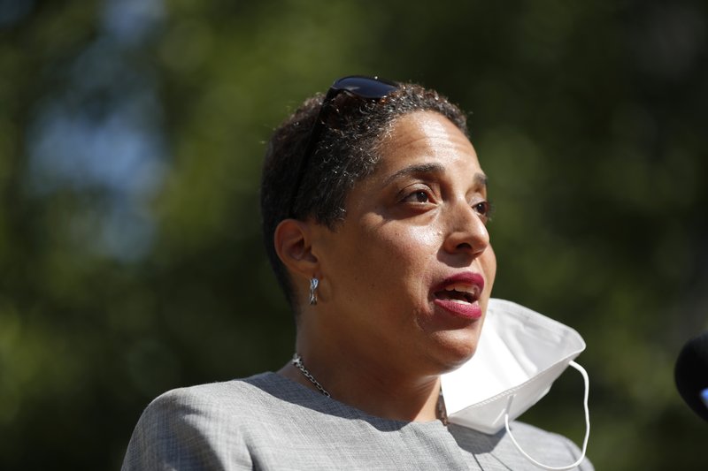FILE - In this Aug. 5, 2020, file photo, St. Louis Circuit Attorney Kim Gardner speaks during a news conference in St. Louis. A federal judge has blasted Gardner's legal claims she was the victim of a coordinated and racist conspiracy aimed at forcing her out of office in tossing out her federal civil rights lawsuit. (AP Photo/Jeff Roberson, File)