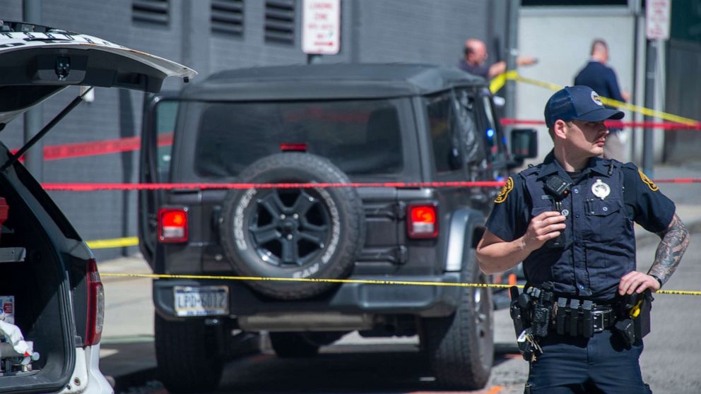 PHOTO: Police in downtown Pittsburgh investigate the scene of drive-by shooting that killed a 1-year-old child, on May 29, 2022.