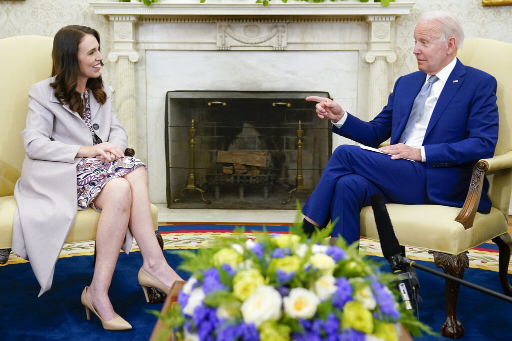 President Joe Biden meets with New Zealand Prime Minister Jacinda Ardern in the Oval Office of the White House, Tuesday, May 31, 2022, in Washington. (AP Photo/Evan Vucci)
