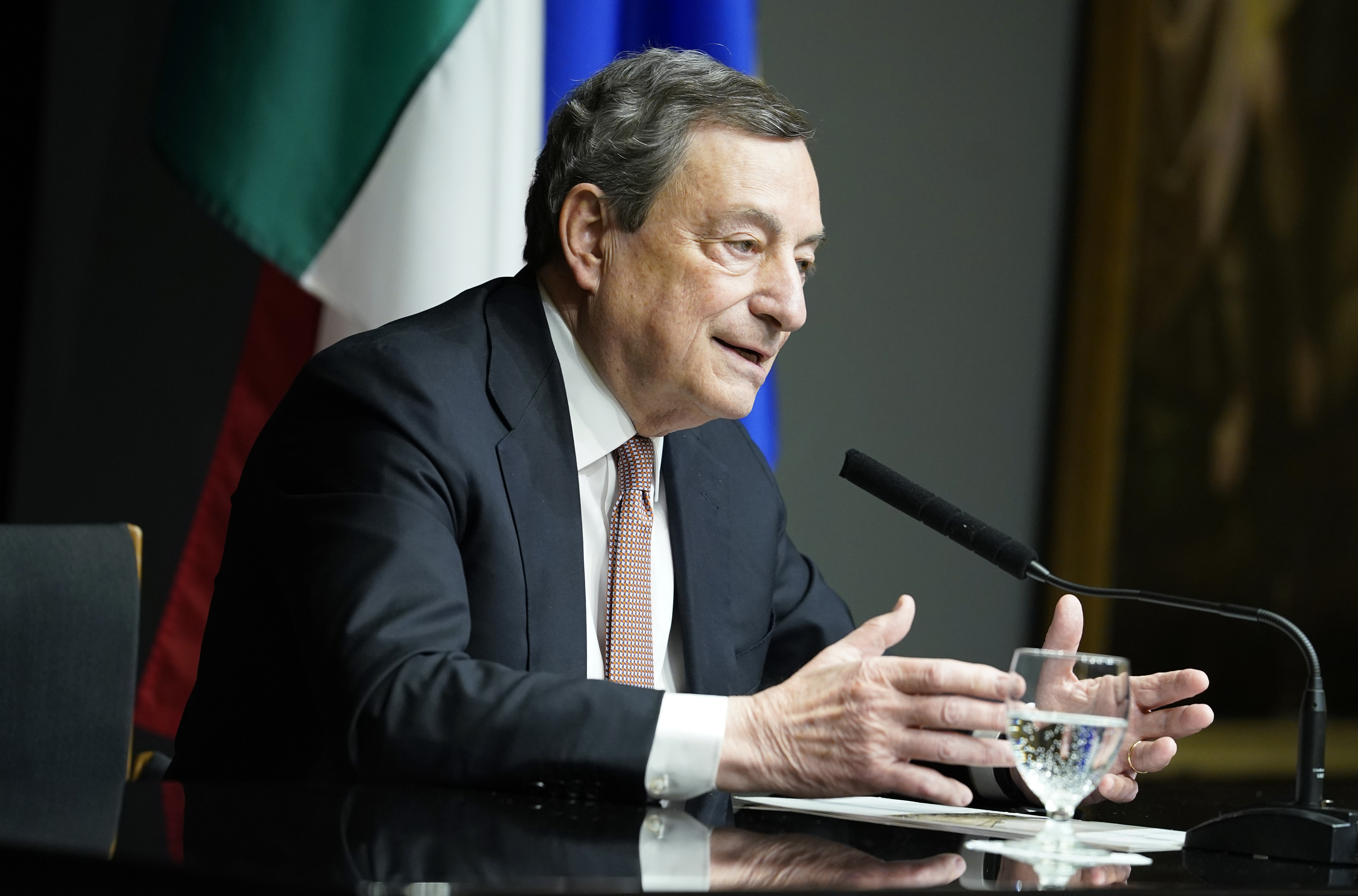Italy's Prime Minister Mario Draghi speaks during a press conference at the Italian Embassy, Wednesday, May 11, 2022, in Washington. (AP Photo/Mariam Zuhaib)