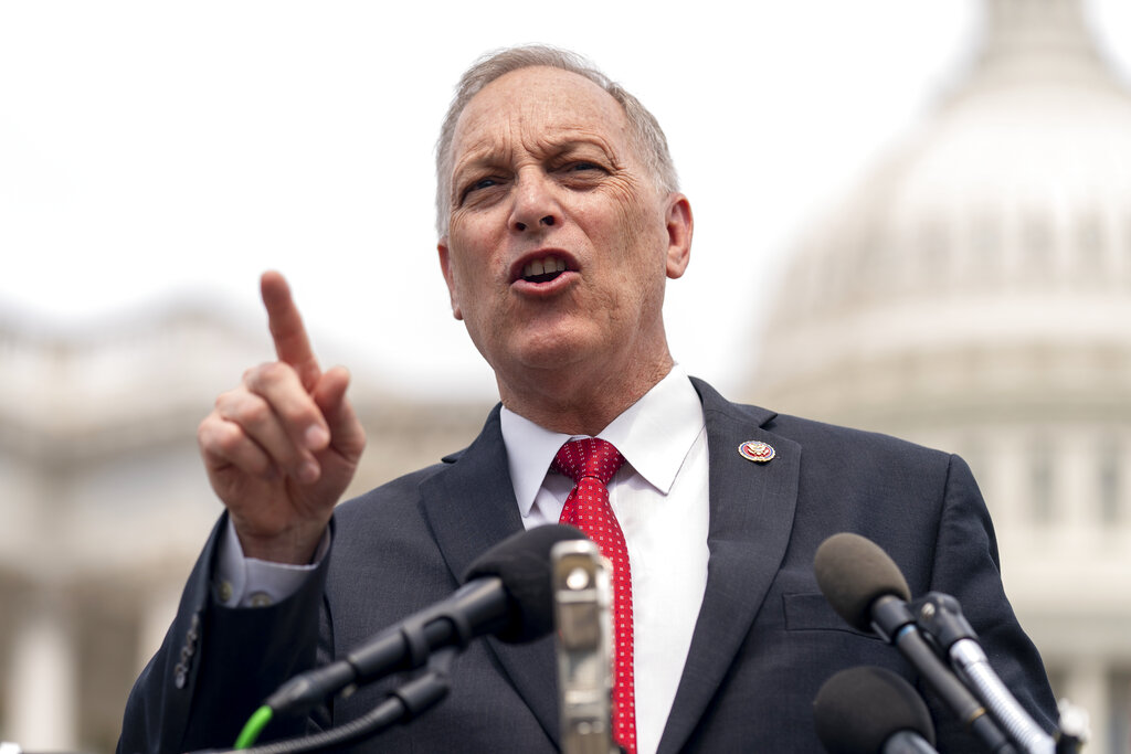 FILE - Rep. Andy Biggs, R-Ariz., Chairman of the House Freedom Caucus, speaks at a news conference on Capitol Hill in Washington, July 29, 2021. The congressional committee investigating the U.S. Capitol insurrection has requested for three more House Republicans to come in and testify. The requests to Reps. Andy Biggs, Mo Brooks and Ronny Jackson come weeks after investigators revealed new evidence of their involvement in former President Donald Trump’s desperate attempt to stay in power. (AP Photo/Andrew Harnik, File)