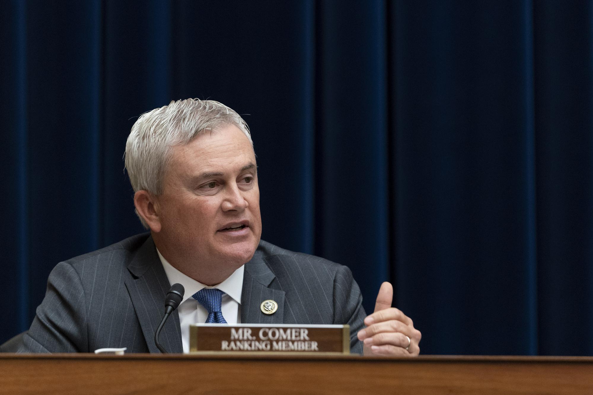 FILE - In this Thursday July 29, 2021 file photo, House Committee on Oversight and Reform committee Ranking Member Rep. James Comer, R-Ky., speaks during a hearing on voting rights in Texas in Washington. On Thursday, Aug. 5, 2021, Comer said he currently has no plans to run for Kentucky governor in 2023, saying his sights are on another prize — the chairmanship of a key congressional committee. (AP Photo/Jacquelyn Martin, File)