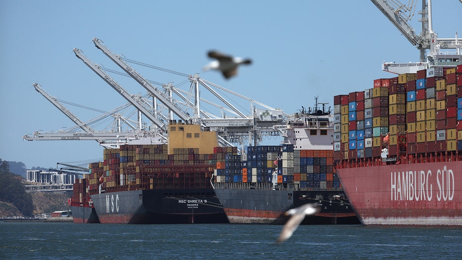 Container ships parked at a California port