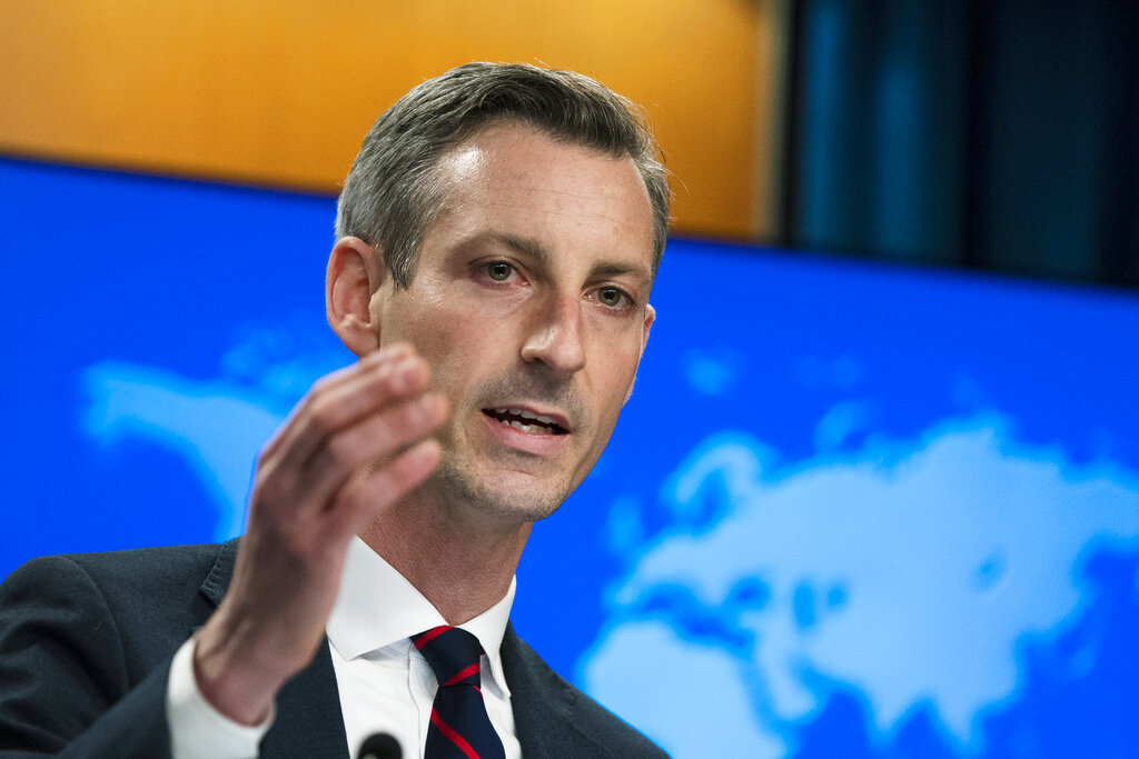 State Department spokesman Ned Price speaks during a news conference at the State Department, Thursday, March 10, 2022, in Washington. (AP Photo/Manuel Balce Ceneta, Pool)