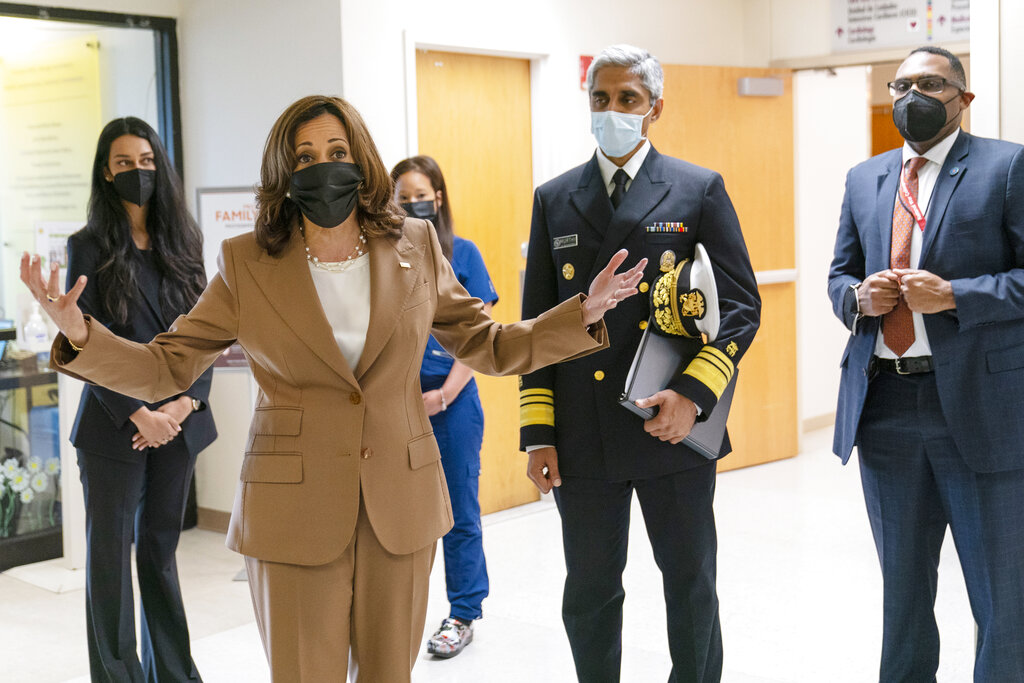Vice President Kamala Harris, joined by Surgeon General Vivek Murthy, pauses during a tour to speak to media at Children's National Hospital, Monday, May 23, 2022, actions the Biden-Harris administration is taking to address mental health and wellness. (AP Photo/ Carolyn Kaster)