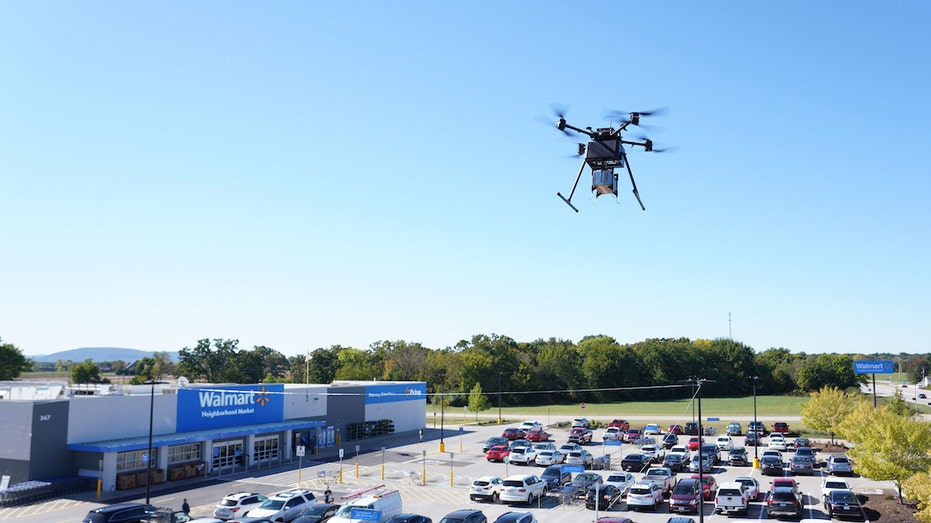 A drone takes off from Walmart's Farmdale, Arkansas store