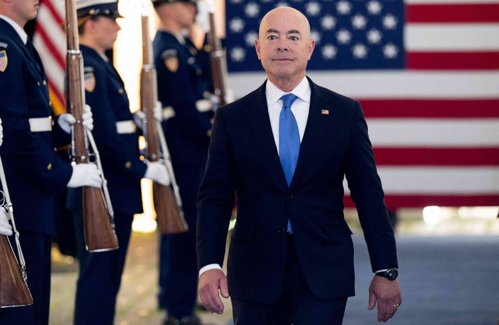 PHOTO: U.S. Homeland Security Secretary Alejandro Mayorkas attends the US Coast Guardchange of command ceremony at USCG Headquarters in Washington June 1, 2022.