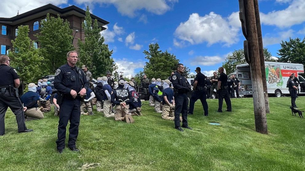 PHOTO: Authorities arrest members of the white supremacist group Patriot Front near an Idaho pride event after they were found packed into the back of a U-Haul truck with riot gear in Coeur d'Alene, Idaho, June 11, 2022.