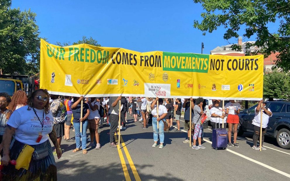 PHOTO: Protesters march as part of a Black “reproductive justice” protest for abortion rights in Washington, June 18, 2022.