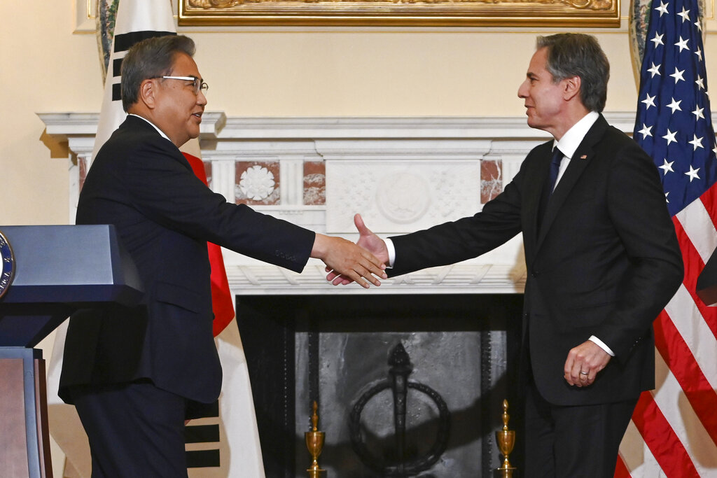 Secretary of State, Antony Blinken shakes hands with South Korean Foreign Minister Park Jin at the State Department in Washington, Monday, June 13, 2022, after a news conference. (Roberto Schmidt/Pool via AP)