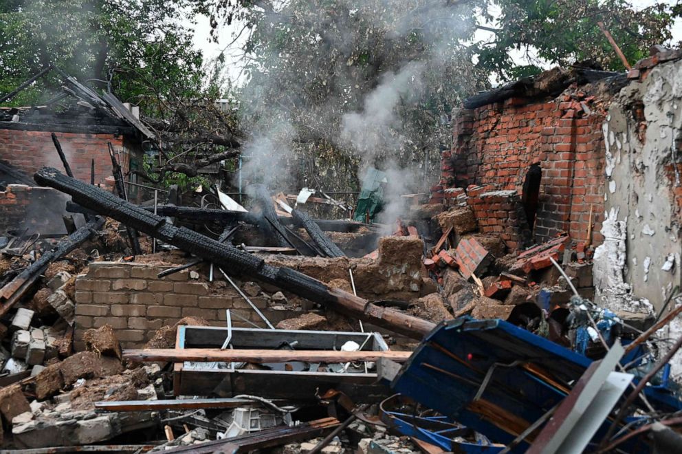 PHOTO: Remains of a destroyed house in the town of Chuhuiv, Ukraine, June 24, 2022, as Russia has intensified its offensive in the area in the past few days.