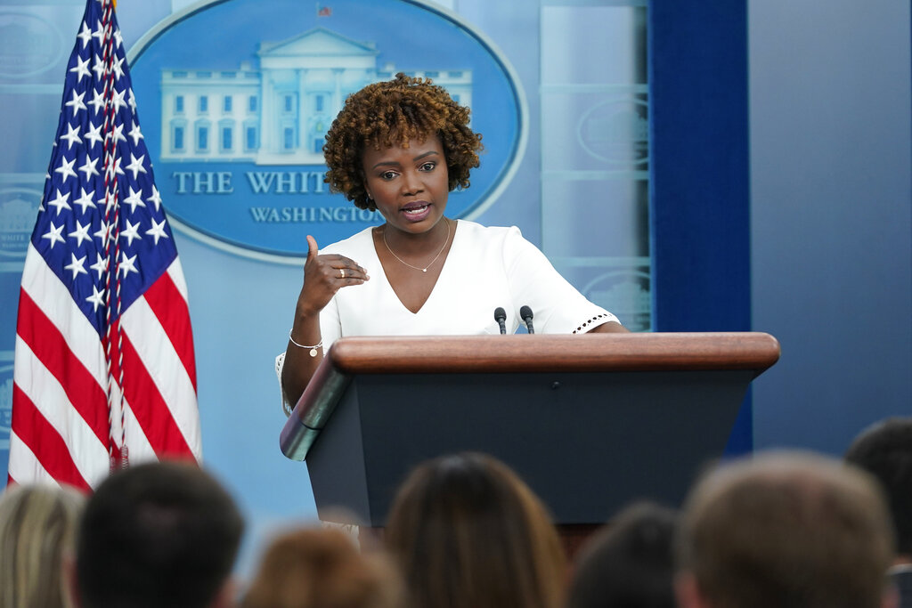 White House press secretary Karine Jean-Pierre speaks during the daily briefing at the White House in Washington, Monday, June 6, 2022. (AP Photo/Susan Walsh)