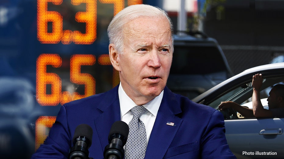 A photo illustration of Biden and a driver passes a sign with gas prices over $6.00 per gallon. 