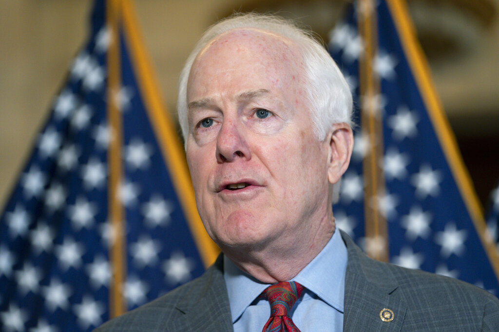 Sen. John Cornyn, R-Texas, speaks to the media about the southern border of the U.S., Wednesday, Feb., 2, 2022, on Capitol Hill in Washington. (AP Photo/Jacquelyn Martin)