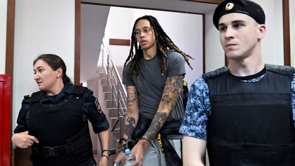 PHOTO: U.S. basketball star Brittney Griner, in handcuffs, arrives to hearing in Khimki court outside Moscow, June 27, 2022.