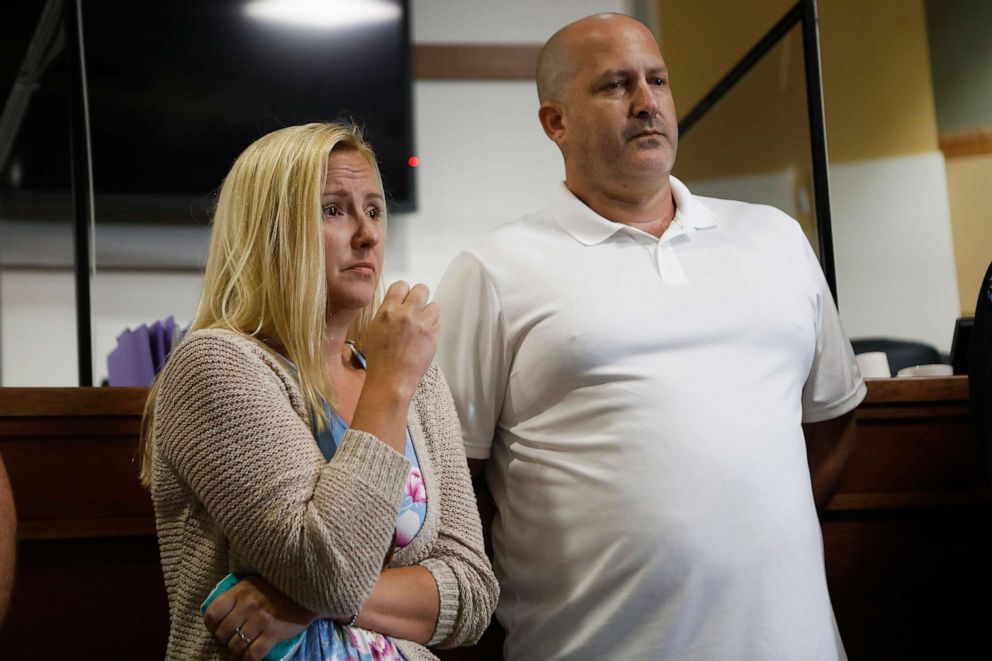 PHOTO: Tara and Joe Petito react while the City of North Port Chief of Police Todd Garrison speaks during a news conference for their missing daughter Gabby Petito, Sept. 16, 2021, in North Port, Fla. 