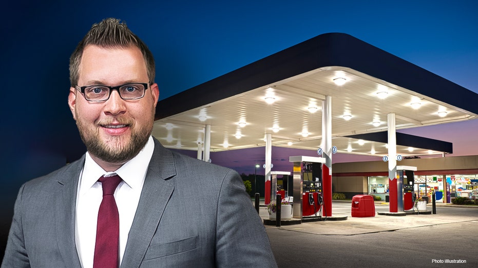 A photo illustration of GasBuddy analyst Patrick DeHaan in front of a gas station. 