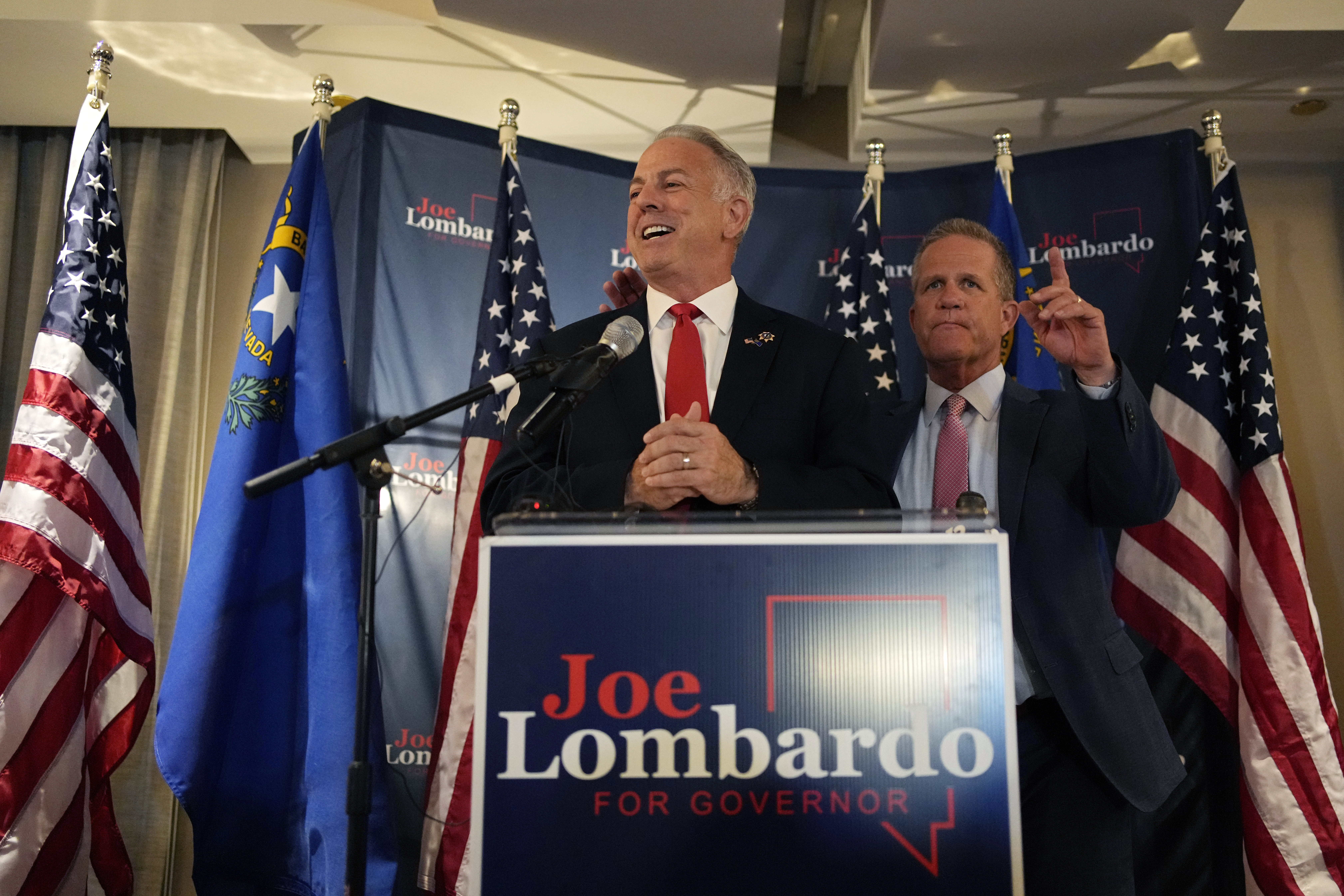 Clark County Sheriff and Republican candidate for Nevada governor Joe Lombardo speaks at an election night party Tuesday, June 14, 2022, in Las Vegas. (AP Photo/John Locher)