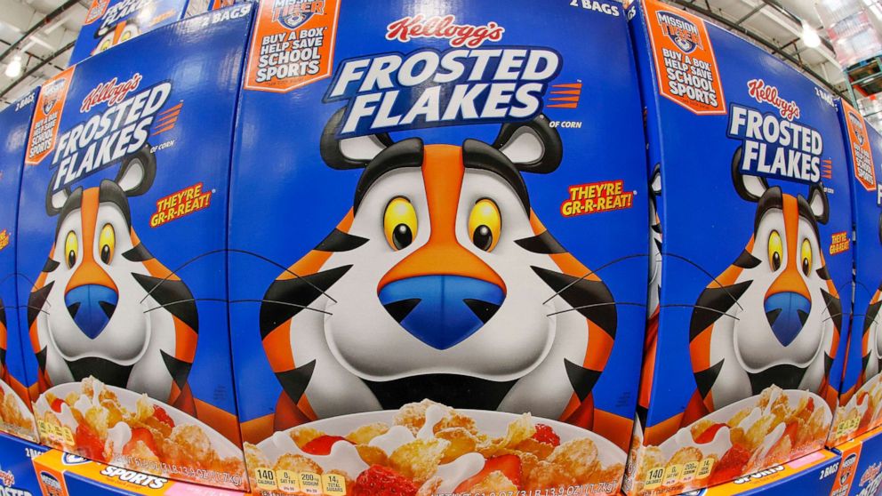 PHOTO: A store display of Kellogg's Frosted Flakes cereal in Homestead, Pa., May 14, 2020.