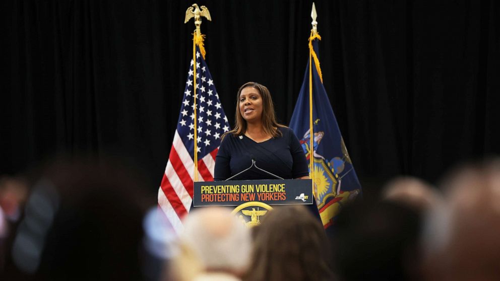 PHOTO: New York Attorney General Letitia James speak during a bill signing ceremony at the Northeast Bronx YMCA, June 6, 2022, in New York.
