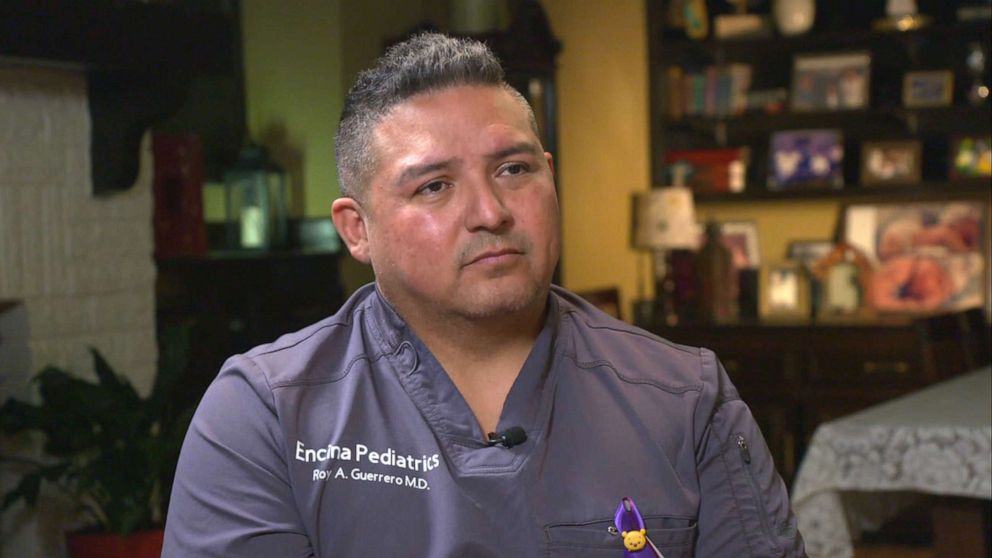 PHOTO: Roy Guerrero, an Uvalde pediatrician who treated the victims of the Robb Elementary School mass shooting, speaks with ABC News' Mireya Villarreal and James Scholz, June 7, 2022.