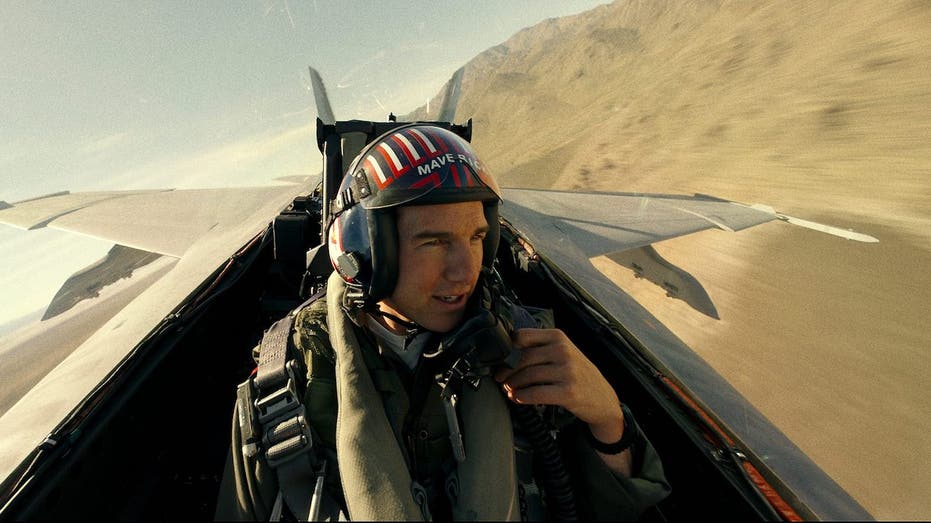 Tom Cruise flying in a jet in "Top Gun: Maverick"