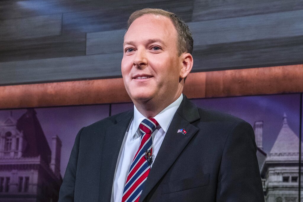 FILE — Lee Zeldin appears during New York's Republican gubernatorial debate, at the studios of Spectrum News NY, June 20, 2022, in New York. New Yorkers are casting votes in a governor's race Tuesday, June 28, 2022, that for the first time in a decade does not include the name "Cuomo" at the top of the ticket.(Brittainy Newman/Pool via AP, File)