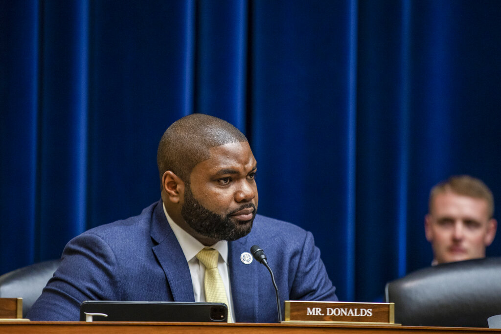 Rep. Byron Donalds, R-Fla., speaks during a House Committee on Oversight and Reform hearing on gun violence on Capitol Hill in Washington, Wednesday, June 8, 2022. (Jason Andrew/The New York Times via AP, Pool)