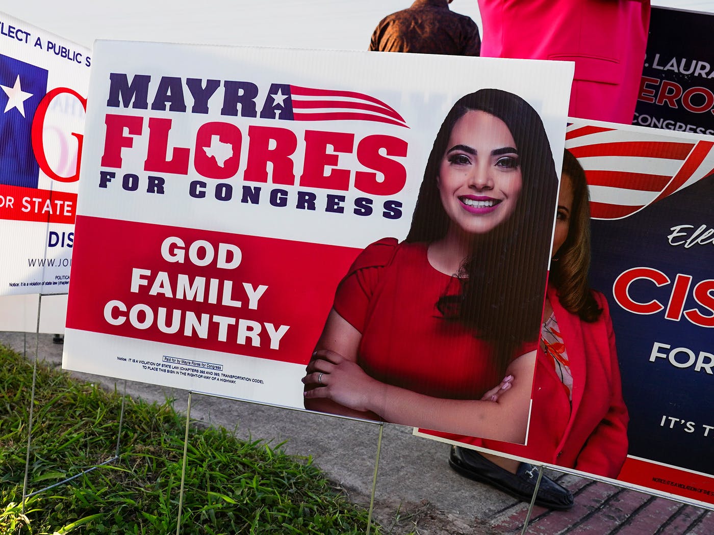 A campaign sign for Mayra Flores. Denise Cathey/AP