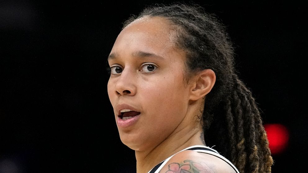 PHOTO: Phoenix Mercury center Brittney Griner during the first half of Game 2 of basketball's WNBA Finals against the Chicago Sky, Oct. 13, 2021, in Phoenix.