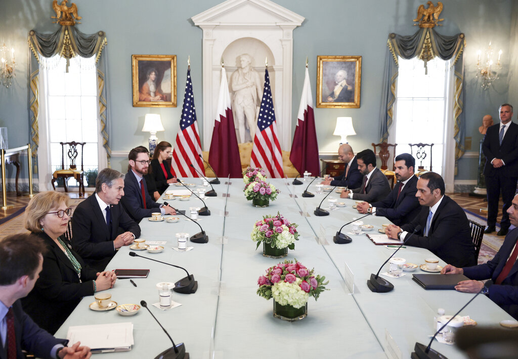 Secretary of State Antony Blinken meets with Qatar's Foreign Minister Sheikh Mohammed bin Abdulrahman Al Thani in Washington, Monday, June 6, 2022. Evelyn Hockstein/Pool via AP)