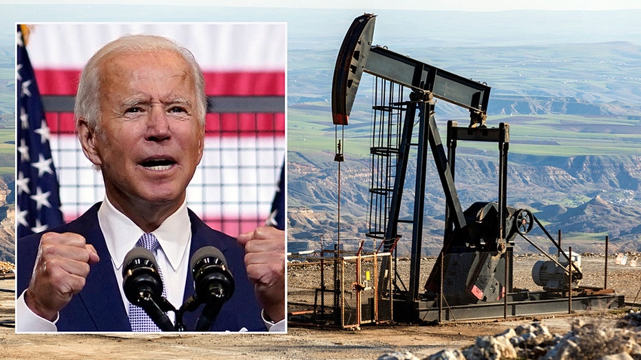 Biden, oil rig illustration
