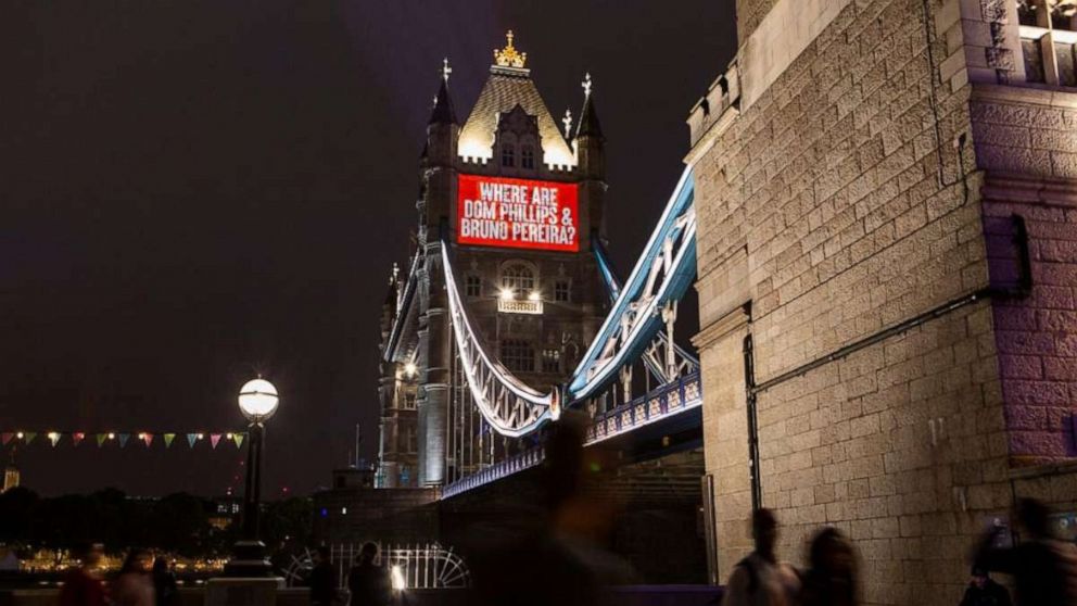 PHOTO: The names of missing journalist Dom Phillips and indigenous expert Bruno Pereira are projected onto the Tower Bridge in London.