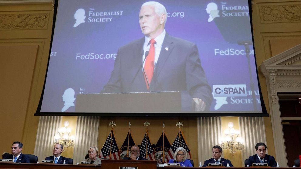 PHOTO: Former Vice President Mike Pence speaks in a video during the public hearing of the U.S. House Select Committee to Investigate the January 6 Attack on the United States Capitol, on Capitol Hill in Washington, D.C., June 9, 2022.