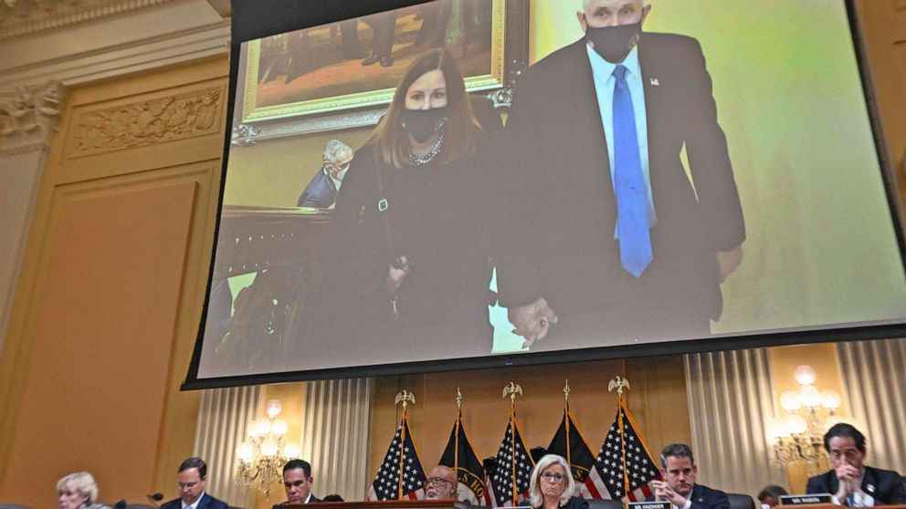 PHOTO: An image of former Vice President Mike Pence and Karen Pence re-entering the US Capitol after evacuating from the Senate on Jan. 6, 2021, is displayed at the hearing investigating the Jan. 6 Attack on the Capitol, in Washington, June 16, 2022.