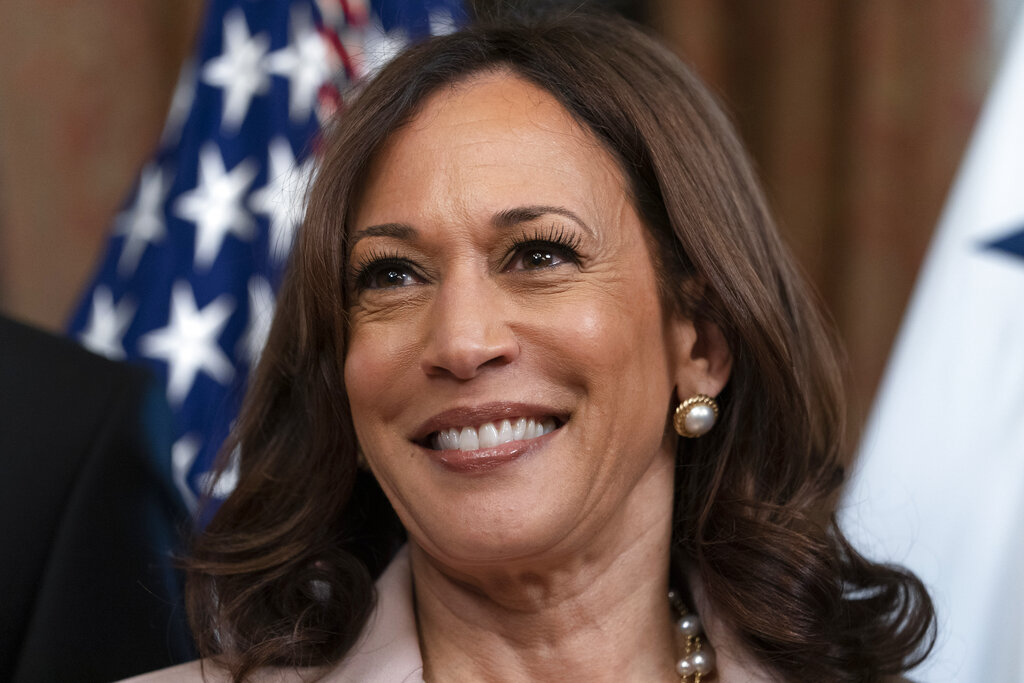 Vice President Kamala Harris smiles after ceremonially swearing-in Ambassador Bridget Brink as the Ambassador to Ukraine, in the Vice President's Ceremonial office, Monday, June 27, 2022, at the Eisenhower Executive Office Building on the White House complex in Washington. (AP Photo/Jacquelyn Martin)