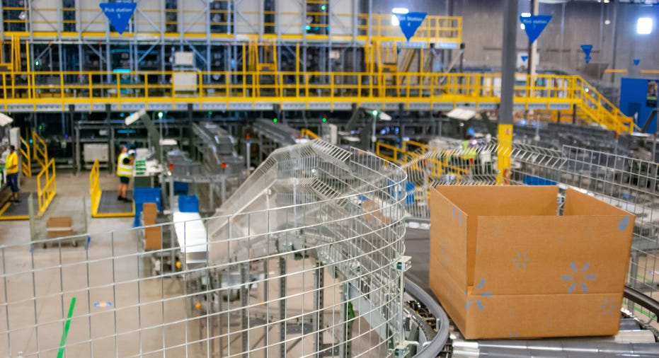 A package transported on a conveyor belt at a Walmart fulfillment center