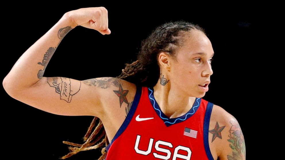 PHOTO: Brittney Griner of the United States gestures during a game against Australia in their Tokyo 2020 Olympic women's basketball quarterfinal game in Saitama, Japan Aug. 4, 2021.