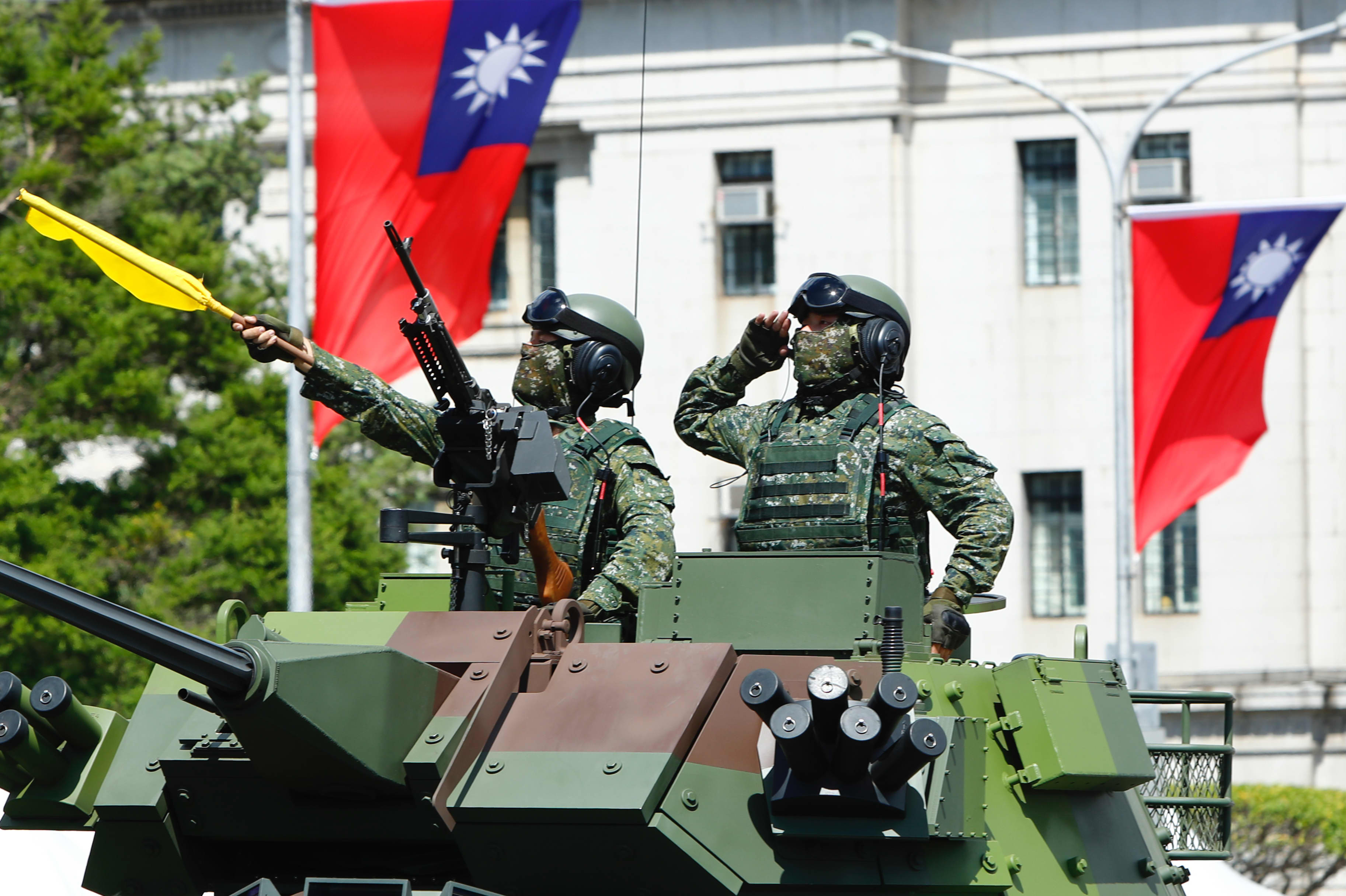 Taiwanese soldiers on a armoured vehicle during the National Day Celebration in Taipei, Taiwan, 10 October 2021. Before the Ukraine war began, only 26.6% of Taiwanese thought it was likely that China could suddenly start a war with Taiwan, according to a poll by the Taiwanese Public Opinion Foundation. After Russia invaded Ukraine, the percentage increased to 38.6%.