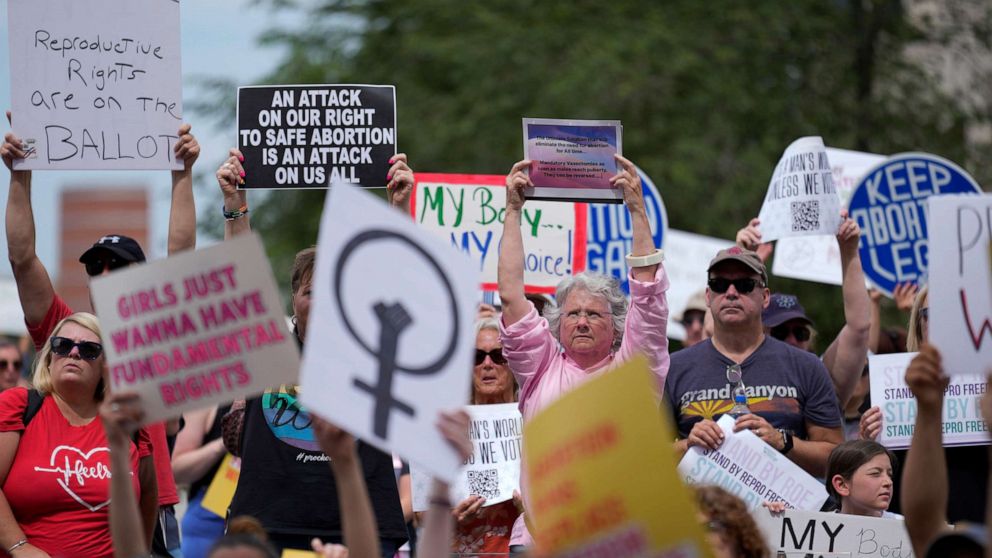 PHOTO: Abortion-rights activists rally at the Indiana Statehouse following Supreme Court's decision to overturn Roe v. Wade, June 25, 2022 in Indianapolis.