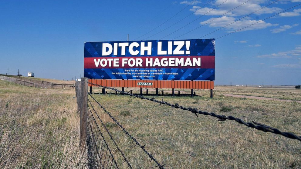 PHOTO: A billboard calls on voters to cast their ballots for Harriet Hageman, who is running against incumbent Rep. Liz Cheney in the Republican primary election outside Cheyenne, Wyo., July 19, 2022.