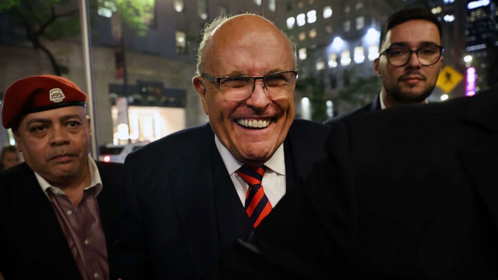 PHOTO: Rudy Giuliani appears in support of his son, New York Republican gubernatorial primary candidate Andrew Giuliani, at an election night watch party in Manhattan on June 28, 2022, in New York City.