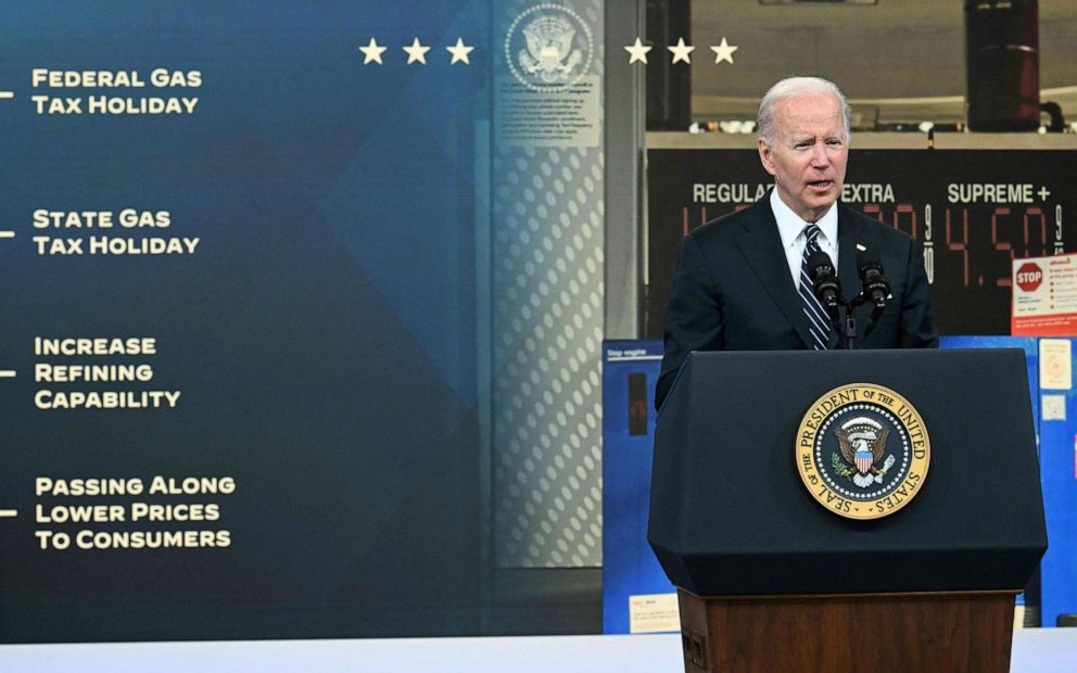 PHOTO: President Joe Biden delivers remarks on efforts to lower high gas prices in the South Court Auditorium at Eisenhower Executive Office Building, June 22, 2022 in Washington, D.C. 