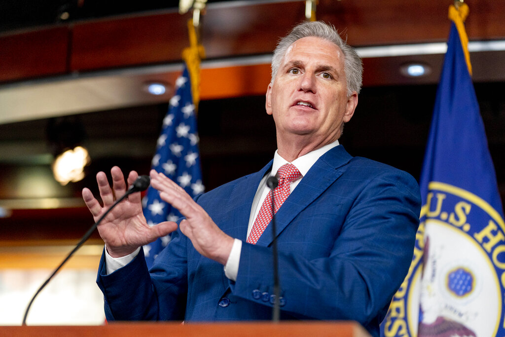 House Minority Leader Kevin McCarthy of Calif. speaks at a news conference on Capitol Hill in Washington, Friday, July 29, 2022. (AP Photo/Andrew Harnik)