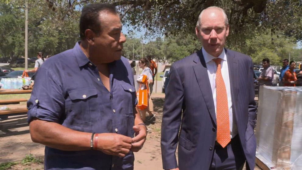 PHOTO: The Houston Astros visited Uvalde six weeks after the horrific mass shooting at Robb Elementary School, bringing gifts and honoring the community members. Here ABC News' John Quinones speaks with Astros Chair Jim Crane.