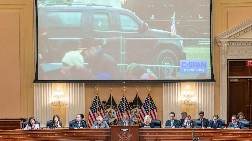 PHOTO: A video of former President Trump's motorcade leaving the January 6th rally on the Ellipse is displayed during the sixth hearing held by the Select Committee to Investigate the January 6th Attack on the U.S. Capitol in Washington, June 28, 2022.