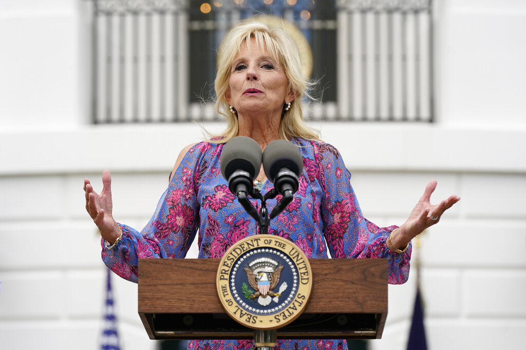 First lady Jill Biden speaks at the Congressional Picnic on the South Lawn of the White House, Tuesday, July 12, 2022, in Washington. (AP Photo/Patrick Semansky)