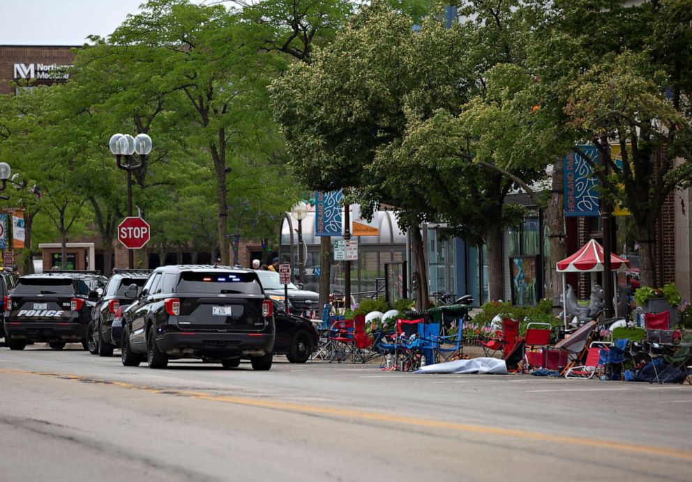 PHOTO: First responders work the scene of a shooting at a Fourth of July parade on July 4, 2022 in Highland Park, Illinois. At least six people were killed, according to authorities.